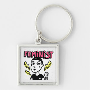 Feministisk poppart fyrkantig silverfärgad nyckelring