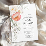 Feminkorallpersika Blommigt 40: e födelsedagen Inbjudningar<br><div class="desc">Fira en 40-årsdag i feminin stil med den här elegant festen med vattenfärgad blommigt som innehåller korallpersikor och elfenbensponnyer med efterföljande grön. Anpassa textmallen med din händelseinformation. Inbjudan finns tillgänglig både i tryckt och omedelbar nedladdning av digitala format för att du ska kunna göra det enklare.</div>