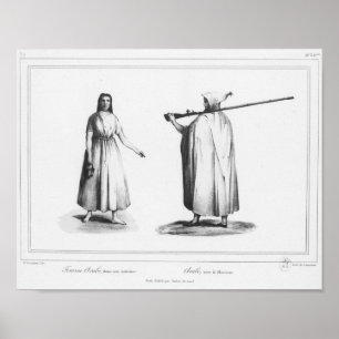 Femme et hommearabe, bournous avec poster