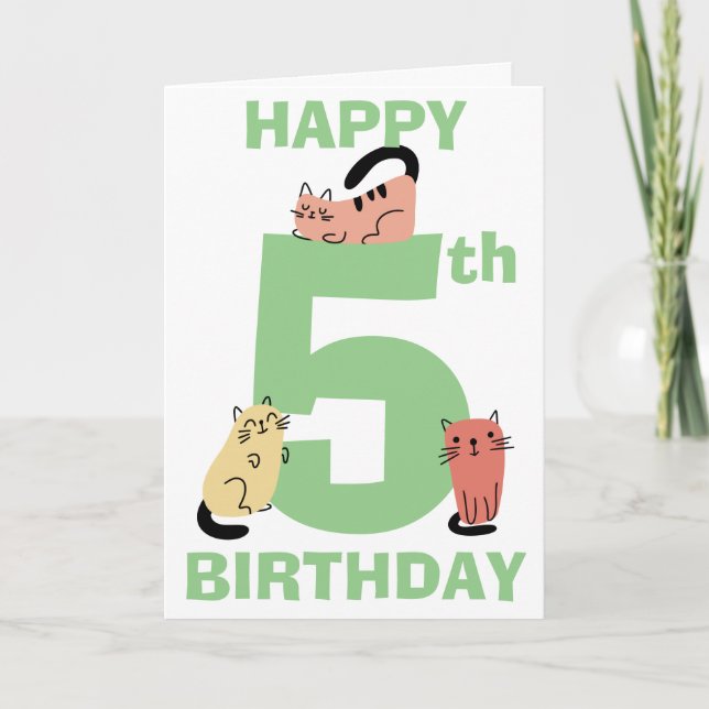 Femte 5-års födelsedags doodle katter anpassad häl kort (Framsida)