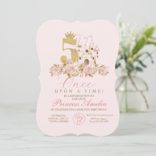 Femte Cute Rosa Golden Princess Castle Birthday Inbjudningar