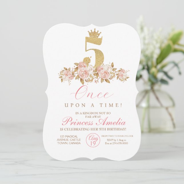 Femte Cute Rosa Guld Krona Princess Birthday Inbjudningar (Stående Fram)
