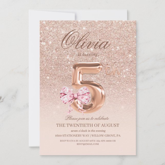 Femte födelsedag Ro Rosa Guld Bow Födelsedagsfest Inbjudningar (Framsida)
