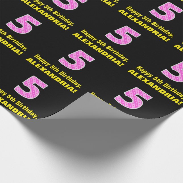 Femte födelsedag: Rosa Rand och Hearts 5 + Namn Presentpapper (Hörn)