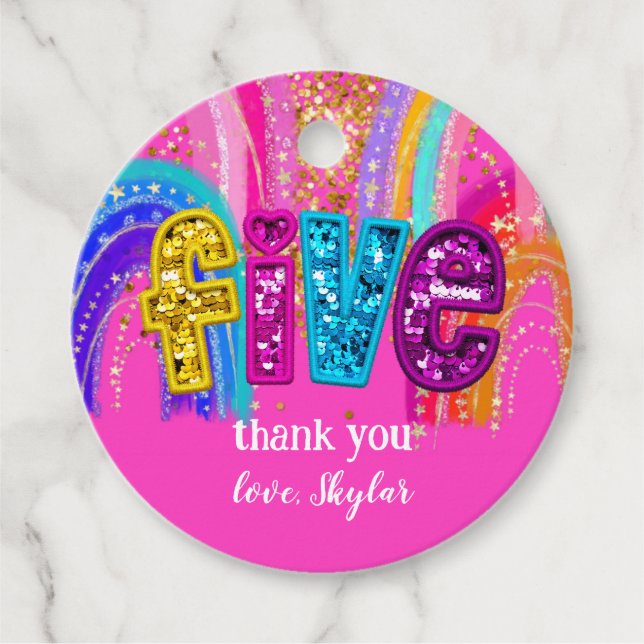 Femte födelsedag Shock rosa Regnbåge Sequin Girl Gåvor Etiketter (Framsida)