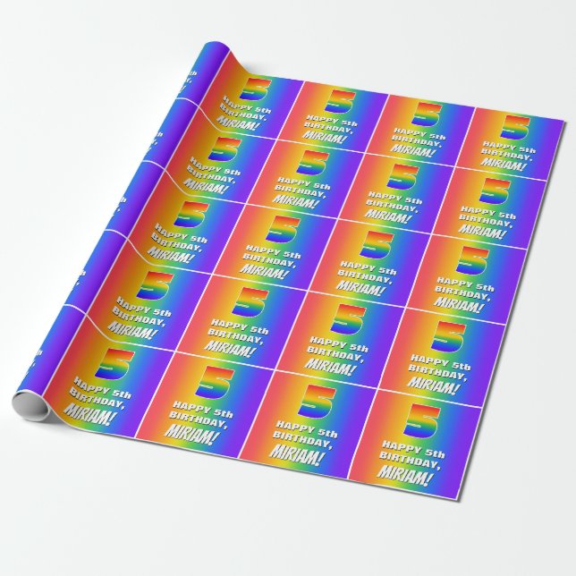 Femte födelsedagen: färgad, Roligt Rainbow Mönster Presentpapper (Utrullad)
