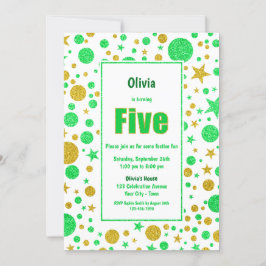 Femte födelsedagen Grönt och Guld Glitter Party Inbjudningar