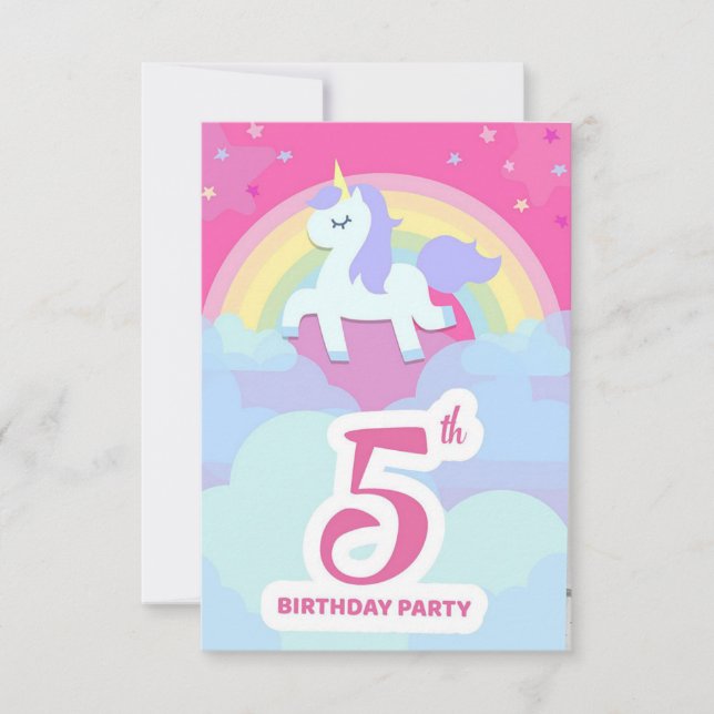 Femte Födelsedagsfest inbjudan - Unicorn & Rainbow (Framsida)