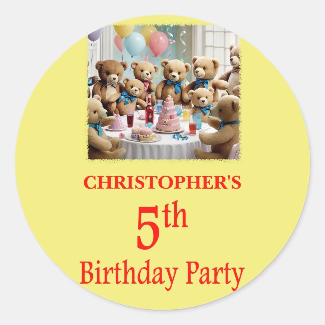 Femte Födelsedagsfestens Nalle Party Runt Klistermärke (Framsida)