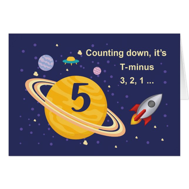 Femte födelsedagsplanet i Rymden med Rocket Hälsningskort (Framsidan Horizontal)