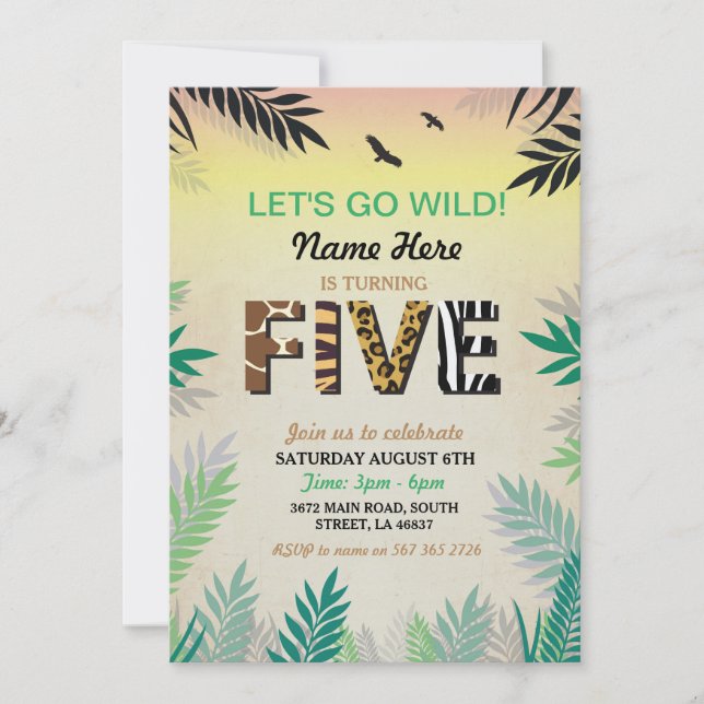 Femte Jungle femte Födelsedagsfesten Safari ZOO In Inbjudningar (Framsida)