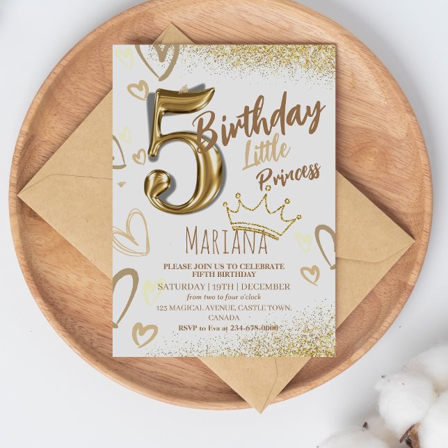 Femte lilla prinsessan Guld Glitter Coola födelsed Inbjudningar (Skapare uppladdad)