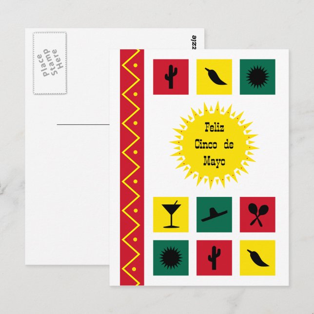 Femte maj Mexikanskt inspirerad färgglad vykort (Fram/baksida)