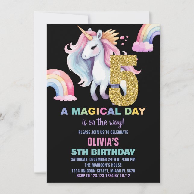 Femte regnbåge Unicorn Birthday: Inbjudan till vat (Framsida)