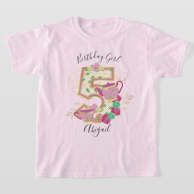 Femte tea Party Birthday Girl | BLOMMIGT T Shirt (Laydown)