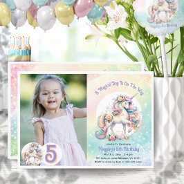 Femte Unicorn Pastel Radiant Rainbow Photo Inbjudningar