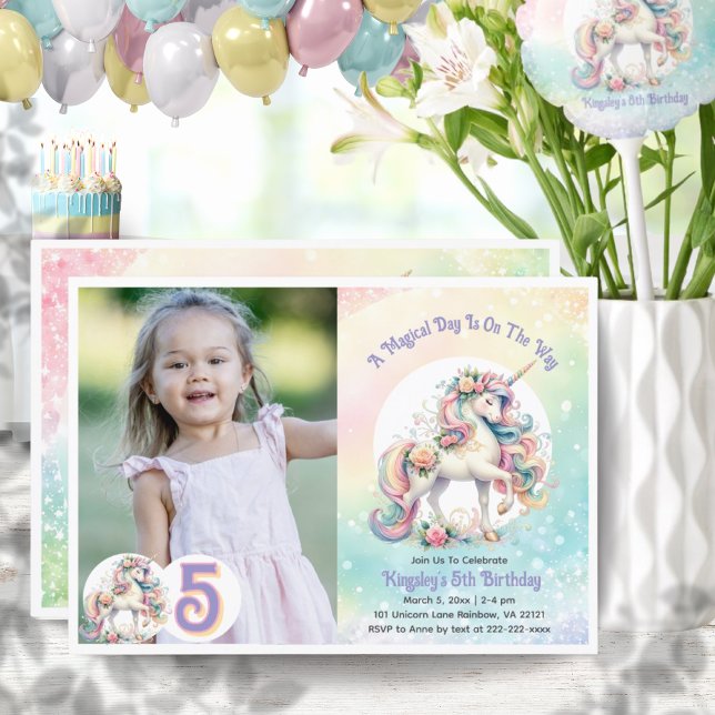 Femte Unicorn Pastel Radiant Rainbow Photo Inbjudningar (5th Five Unicorn Pastel Radiant Rainbow Photo Invitation)