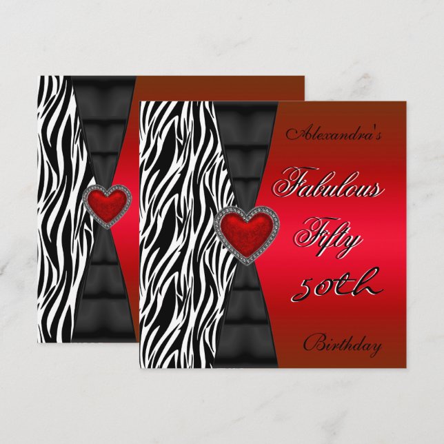 Femtio 50-årsfest Röd Zebra Vild Svart 2 Inbjudningar (Fram/baksida)