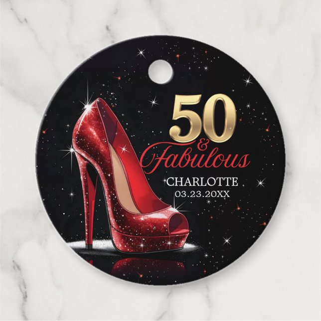 Femtio 50 & Fabulous BIRTHDAY Red Guld Högklackar Gåvor Etiketter (Framsida)