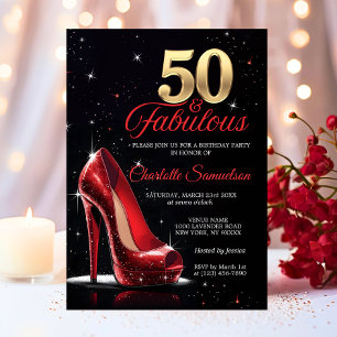 Femtio 50 & Fabulous BIRTHDAY Red Guld Högklackar Inbjudningar