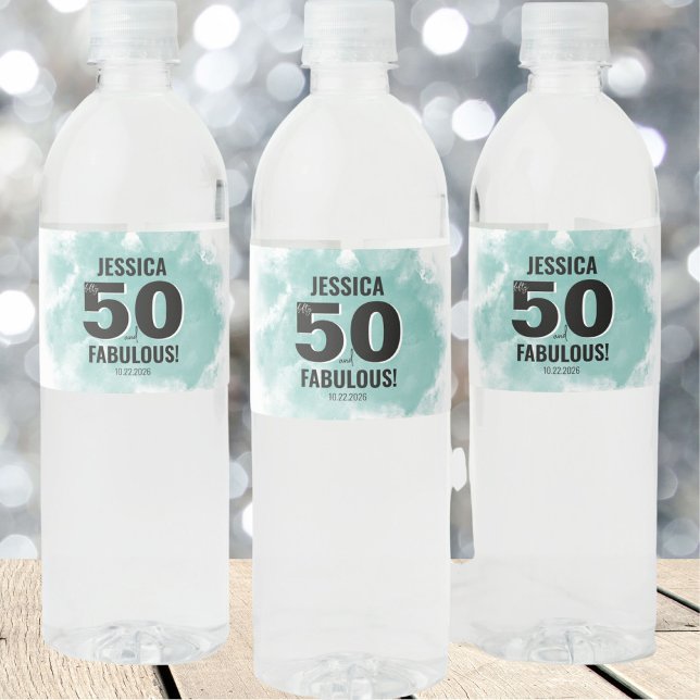 Femtio år gammal 50-årsdag vattenflaskor etikett (Modern Teal Fifty Fabulous 50th Birthday Water Bottle Label )