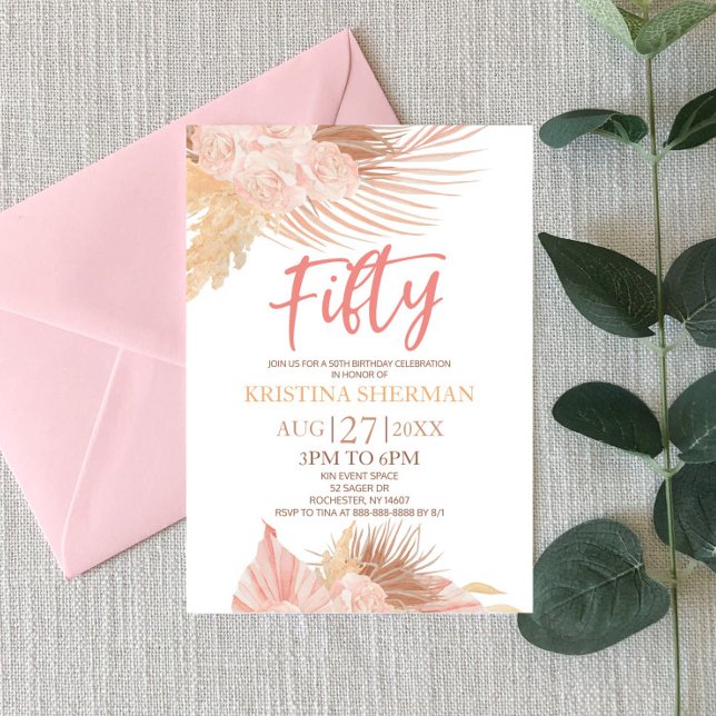 Femtio Boho Rosa Blommigt 50:e Födelsedagsfesten Inbjudningar (Skapare uppladdad)