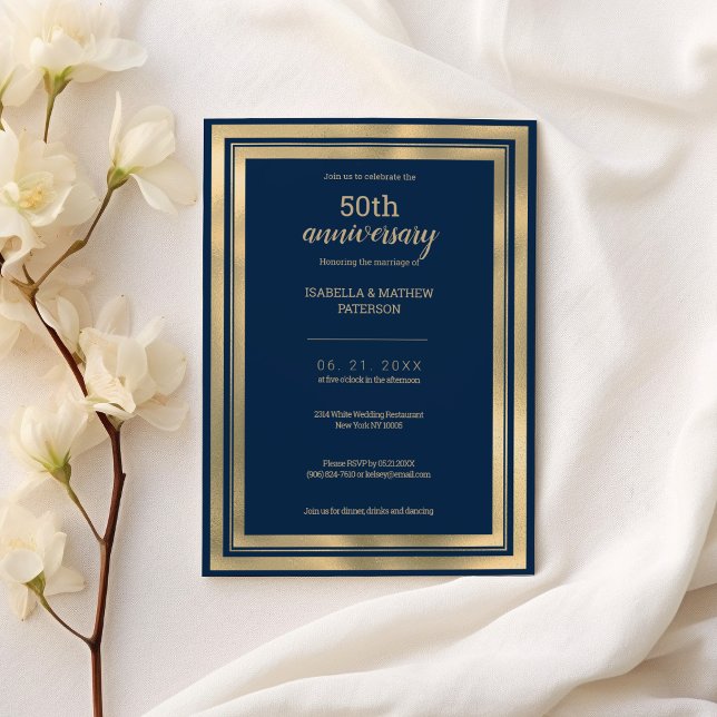Femtio Bröllop-årsdagen för lyxflottan i guld Inbjudningar (Luxury navy blue gold 50th Wedding Anniversary)