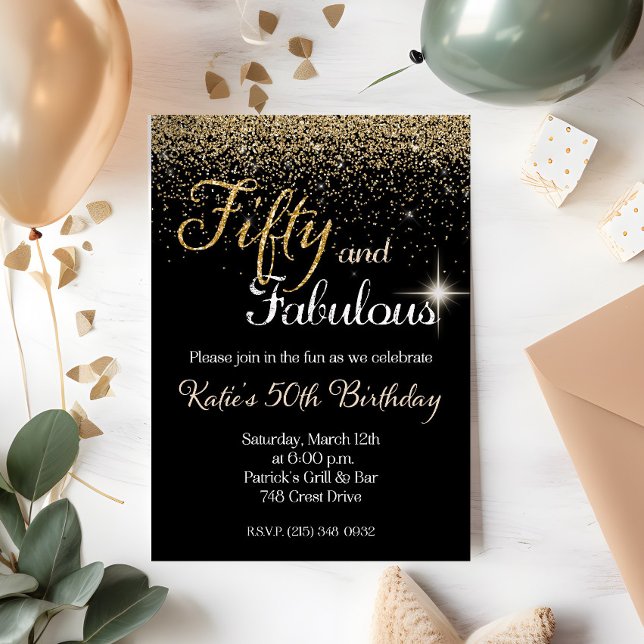 Femtio & Fantastisk Guld Glitter Födelsedagsinbjud Inbjudningar (Skapare uppladdad)