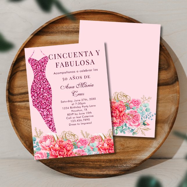 Femtio & Fantastisk Rosa Blommig Spansk 50-årsdag Inbjudningar (Skapare uppladdad)