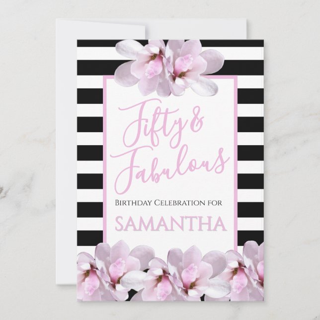 Femtio & Fantastisk Rosa Blommig Svart Rand Födels Inbjudningar (Framsida)