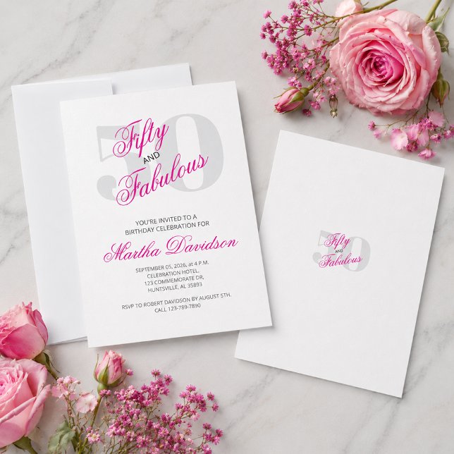 Femtio & Fantastisk Rosa Glamourfirande Inbjudningar (Fifty & Fabulous Pink Glam Celebration Invitation)
