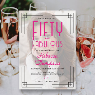 Femtio fantastiska foto rosa Art Deco 50-årsdag Inbjudningar