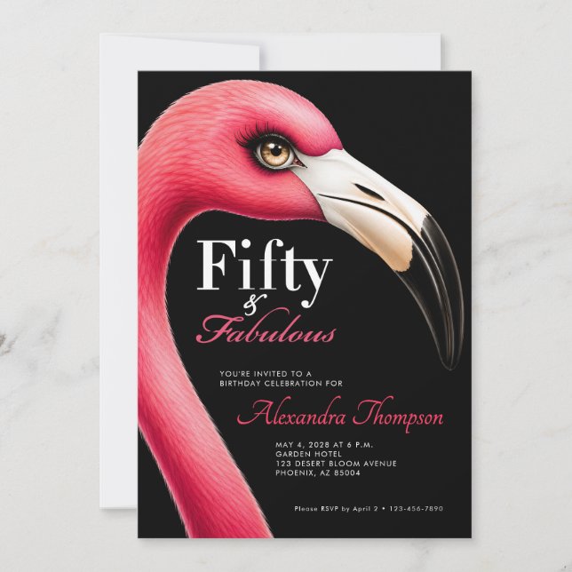 Femtio fantastiska rosa flamingo 50-årsfest inbjudningar (Framsida)