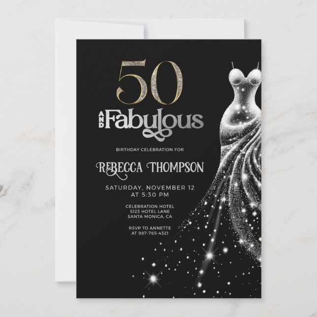 Femtio fantastiska silverklänning svart 50-årsfira inbjudningar (Framsida)