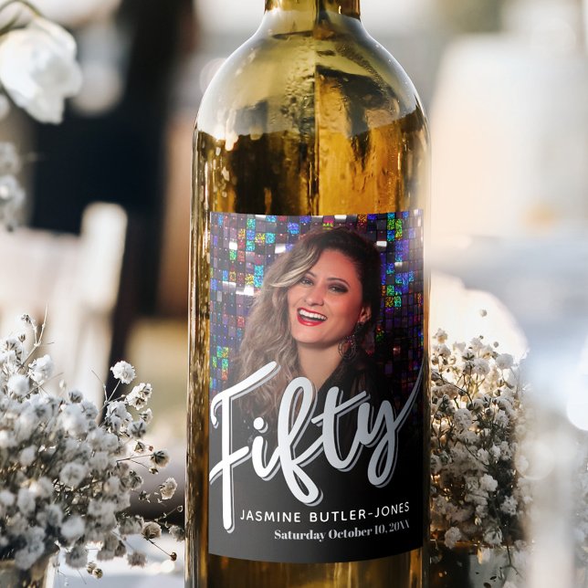 Femtio femtionde födelsedagsfestens foto svart sil vinflaska etikett (Skapare uppladdad)