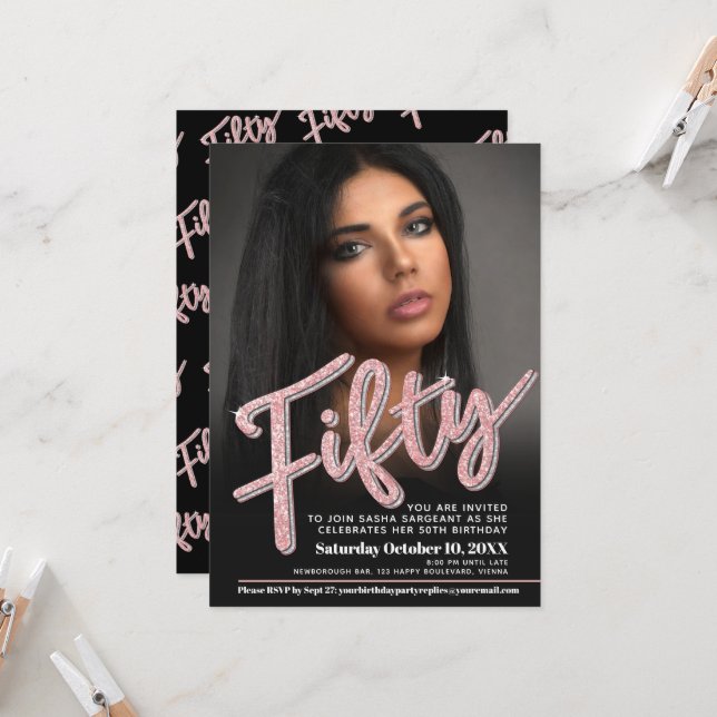 Femtio femtionde födelsedagsfotoskriptet glitter r inbjudningar (Fram/Back In Situ)