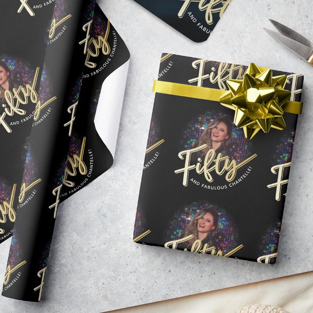 Femtio femtionde födelsedagsfotoskriptet guld anpa presentpapper (Skapare uppladdad)