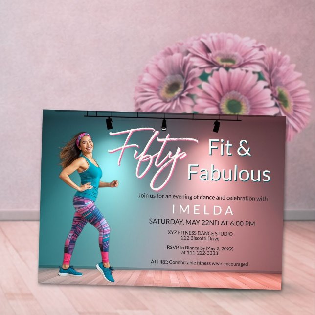 Femtio Fit och Fantastisk Inbjudan (Fifty Fit and Fabulous dance invitation with modern typography and soft teal blush tones)