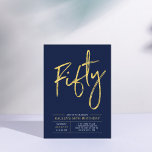 Femtio | Guld & Blue Modern 50:e Födelsedagsfesten Inbjudningar<br><div class="desc">Fira din speciella dag med den här enkla snyggtens 40-åriga festinbjudan. Den här designen har ett penselskript med chicen "femtio" med en ren layout i marinblå kombinationen guld och färg. Fler formgivningar och party-tillbehör finns på min butik BaraBomDesign.</div>