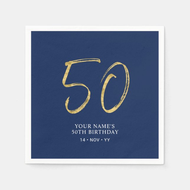 Femtio | Guld- och marinblå textning 50-årsdag Pappersservett (Framsidan)