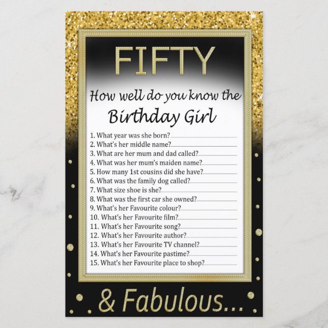 Femtio Hur väl känner du till födelsedagsflickan? (Framsida)