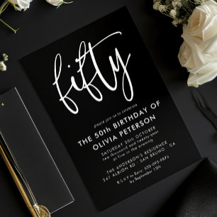 Femtio   Modern 50:e vit på svart Födelsedagsfest Inbjudningar