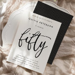 Femtio | Modern B&W 50:e Födelsedagsfestens typogr Inbjudningar<br><div class="desc">Dessa enkla, elegant men sofistikerade 50:e födelsedagsfest inbjudan har ord "femtio" i manuskript för kalligrafi av stil och ett välplacerat, modernt sans serif-typografi. Du kan enkelt ändra färg-schemat till din egen skräddarsydda palett med två färg genom att använda knappen "Redigera med Design Verktyg" eller hålla fast vid den klassmässiga, minimalistiska...</div>