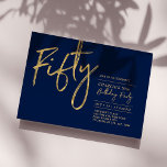 Femtio | Navy & Guld Modern 50-årsfest Inbjudningar<br><div class="desc">Fira din speciella dag med denna enkla och stilrena inbjudan till 50-årsfest. Designen har en penselskrift "Femtio" med en ren layout i marinblå och guld färgkombination. Fler designs finns tillgängliga i min butik BaraBomDesign.</div>