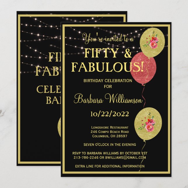 Femtio och Fabulous Birthday Black Guld Inbjudningar (Fram/baksida)