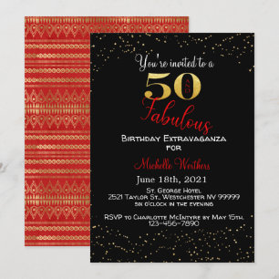 Femtio och Fabulous Birthday Black Red Guld Glitte Inbjudningar