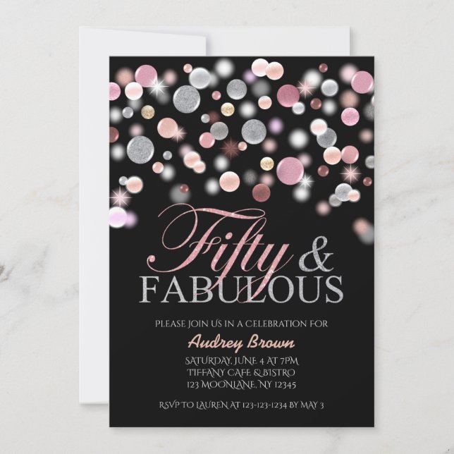 Femtio och Fabulous Birthday, Rosa Glitter 50 Inbjudningar (Framsida)