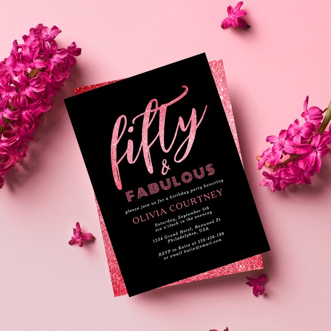 Femtio och Fabulous Black and Rosa Glitter Birthda Inbjudningar (Skapare uppladdad)