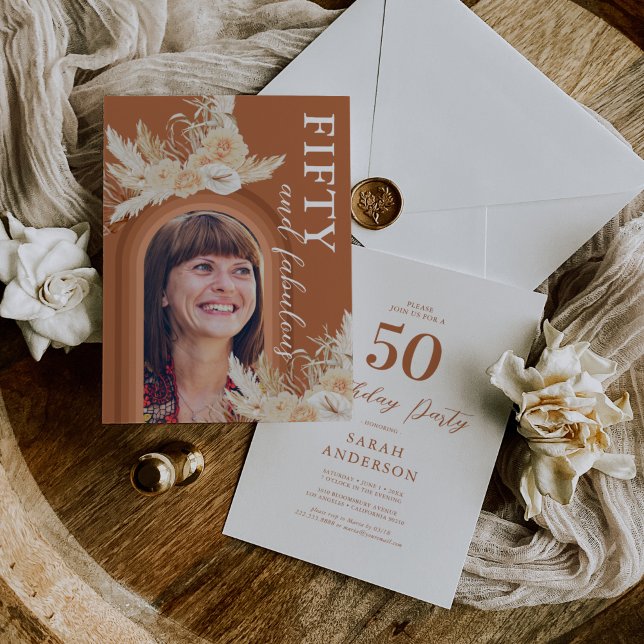 Femtio och Fabulous Burnt Orange Boho Birthday Inbjudningar (Skapare uppladdad)