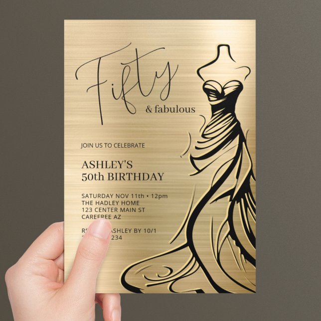 Femtio och Fabulous Dress Guld 50:e födelsedagen Inbjudningar (Skapare uppladdad)